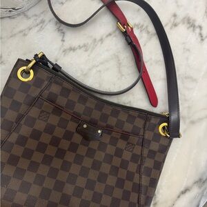 Louis Vuitton Brown Checkered Shoulder Bag with Gold Accents